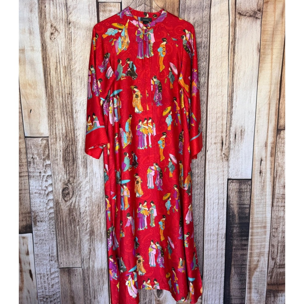 Natori Red Printed Kaftan Maxi Dress Silk Feel Lounge Caftan Boho